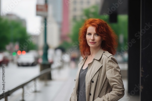 A woman with red hair stands on a sidewalk in front of a building
