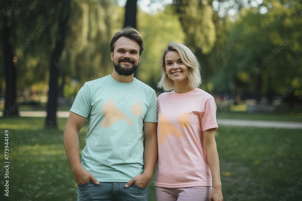 A man and a woman are standing in a park A man and a woman are standing in a park
