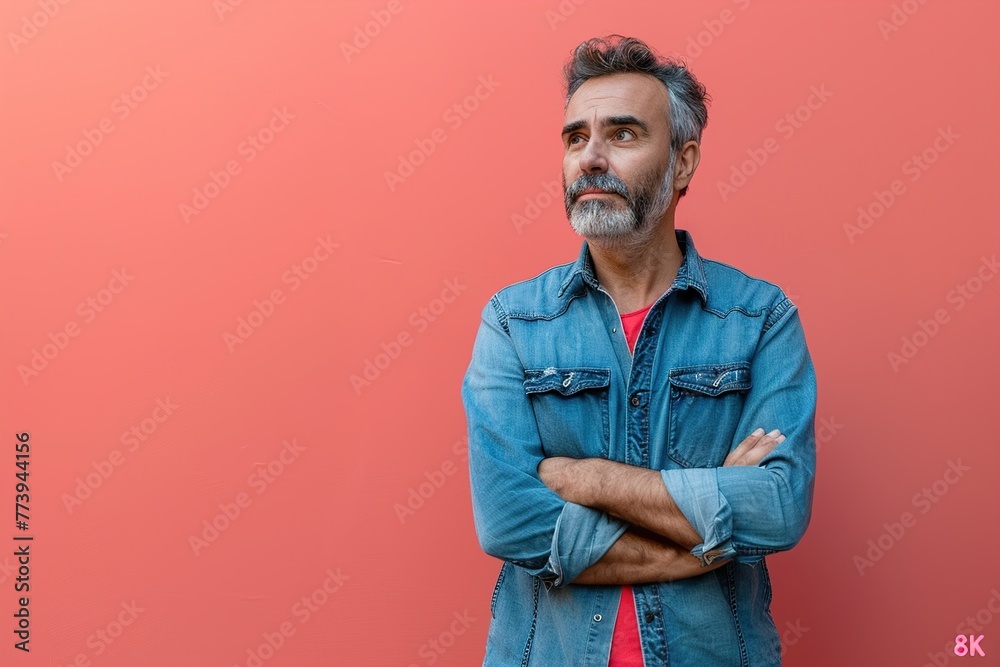 A man in a blue jacket is standing in front of a red wall A man in a blue jacket is standing in front of a red wall