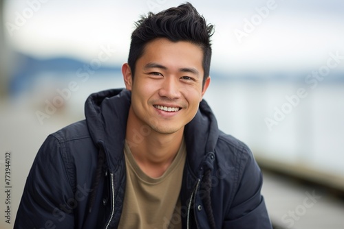 A young man with a black jacket and a brown shirt is smiling photo