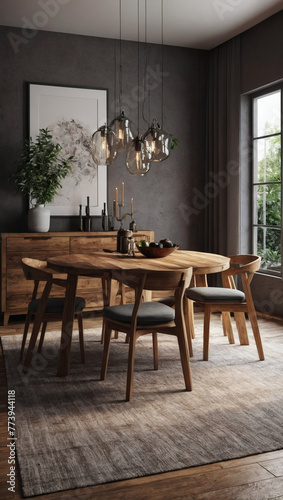 Rustic dining room with wooden furniture. 3D rendering. © xKas