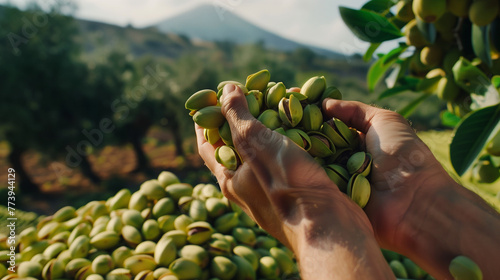 the pistachio baron of Bronte, gently holds a handful of fresh, green pistachios, letting them symbolically fall back into a colossal pile. The background features a traditional Sicilian farm