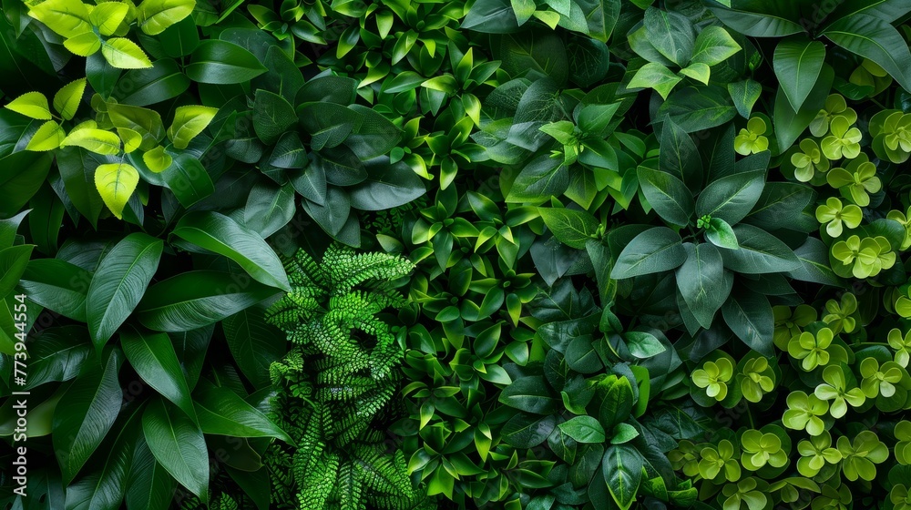 A living wall of greenery, where soft bushes and lush vegetation create a stunning, natural wallpaper in vivid close-up - obrazy, fototapety, plakaty 