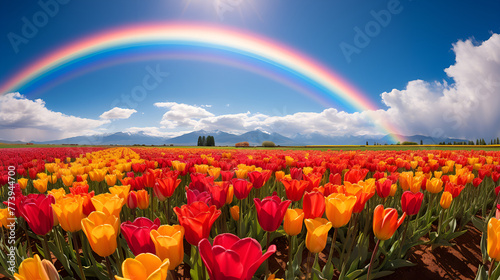 Rainbow Arching Over a Vibrant Tulip Field