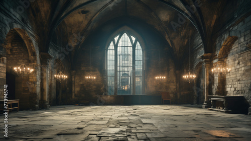 Abandoned vintage grunge atmospheric building background, old-fashioned interior with stone walls