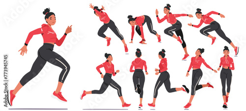 Vector Set of Young Fit Girl Character Dedicated To Her Passion For Running, Displays Determination And Grace On Track
