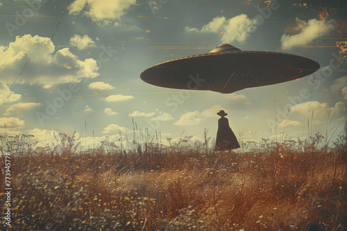 A flying saucer hovers over a field. A black figure of a person is walking across the field. Old vintage photograph. Aliens on Earth. Generative AI. photo