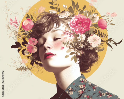 Vintage illustration of a woman surrounded by flowers. Perfume and beauty concept. Design for advertising, image for a beauty brand promoting organic products. 