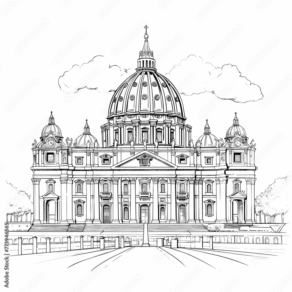 Fototapeta premium Basilica of Saint Peter hand-drawn comic illustration. Saint Peter's Basilica. Vector doodle style cartoon illustration