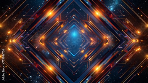 A vibrant digital artwork featuring a symmetrical tunnel illuminated by neon lights and abstract patterns.