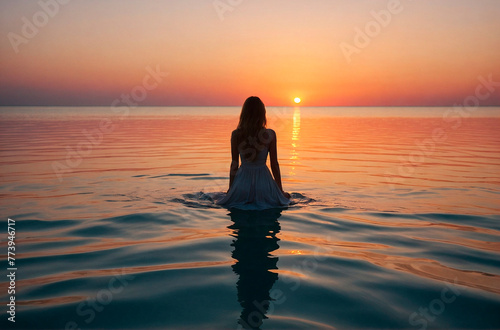 Serenity Horizon. Woman Embracing Sunset Seascape, Reflective Waters © Oldboy