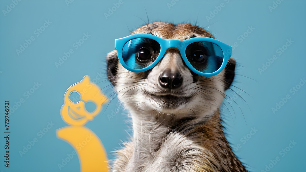 a meerkat wearing sunglasses on a blue background. for postcards , banners, posters, advertisements