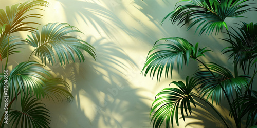 Marco de palmas verdes  vista frontal  primavera  verano foto jard  n  cremas  verdes  muro sombreado  siluetas de las hojas  c  lido