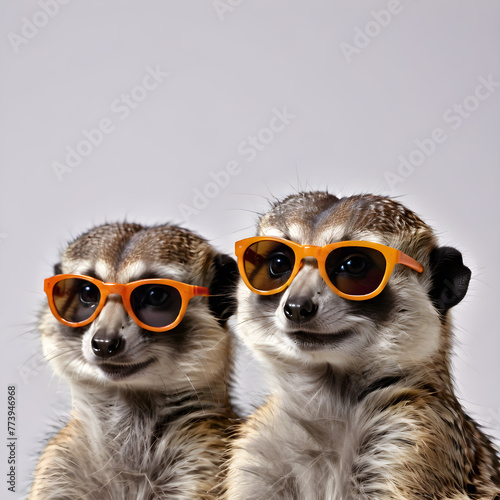 a meerkat wearing sunglasses on a light background. for postcards , banners, posters, advertisements