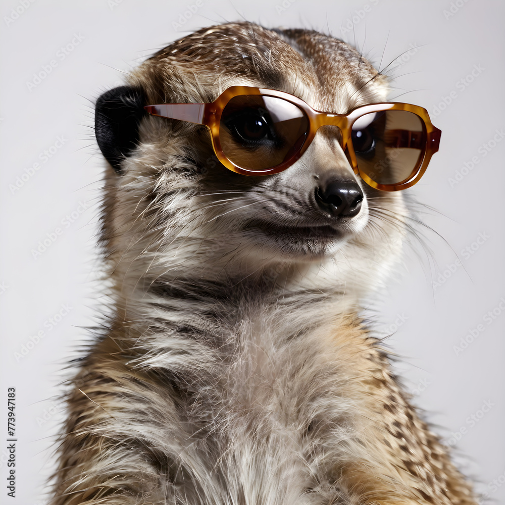 a meerkat wearing sunglasses on a light background. for postcards , banners, posters, advertisements