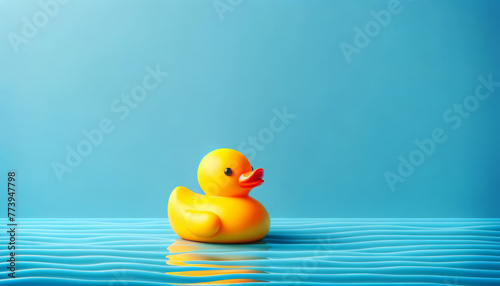 Classic yellow rubber duck on blue water against a solid blue background, a playful and minimalistic design concept. photo