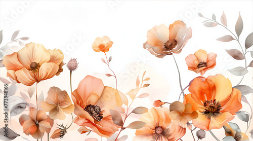 Beautiful summer card with watercolor red poppies. Greeting card, background for banner, card, cover.