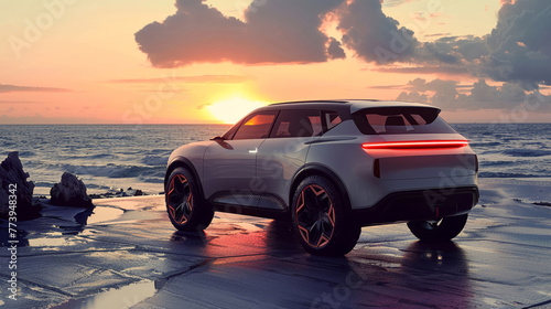 Modern compact SUV on coastal concrete road, luxury car with sunset in background