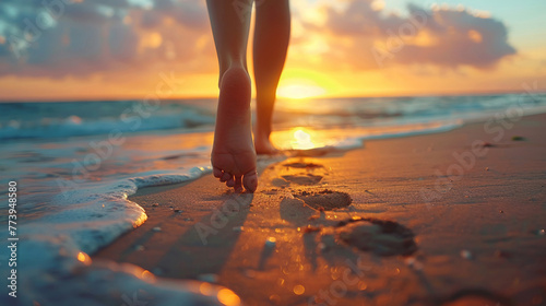 Sunset beach walk, girls feet in sand, low angle, peaceful evening vibe