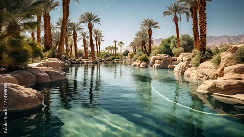 trees in the pool,a pool with a pool of water and palm trees.peaceful photo of an oasis in the Egyptian desert, framed by palm trees and crystal-clear waters.