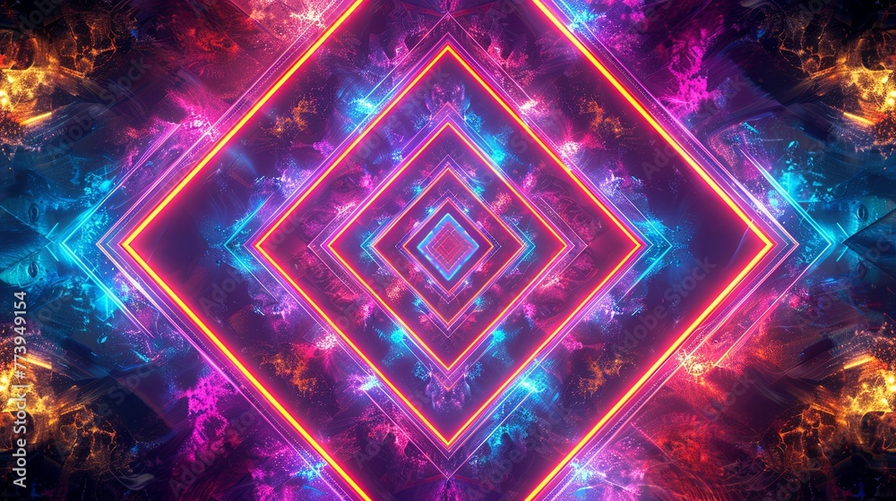 Electric blue and purple neon lights form a complex, symmetrical mandala pattern, evoking a sense of digital spirituality. Electric blue and purple neon lights form a complex, symmetrical mandala pattern, evoking a sense of digital spirituality.