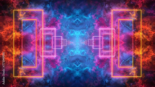 Electric blue and purple neon lights form a complex, symmetrical mandala pattern, evoking a sense of digital spirituality. © soysuwan123