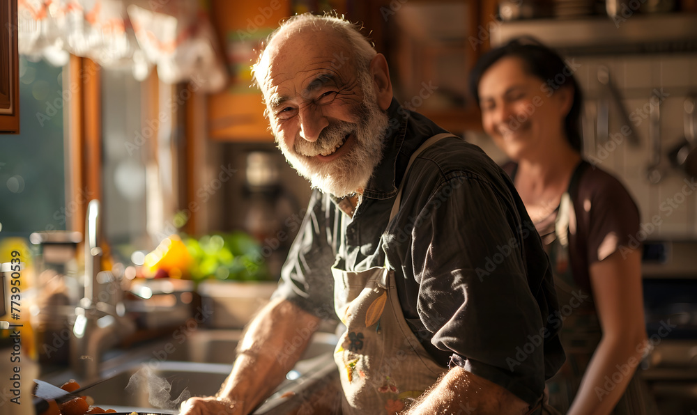 An older man with a beard joyfully prepares food  with a woman, Generative AI 