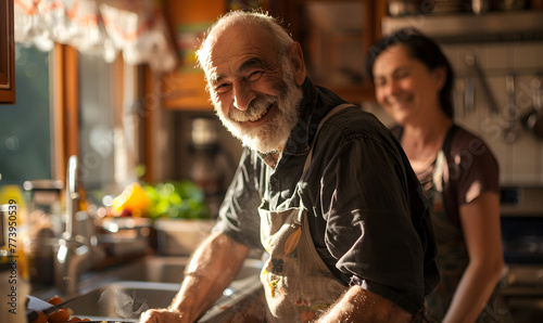 An older man with a beard joyfully prepares food with a woman, Generative AI 