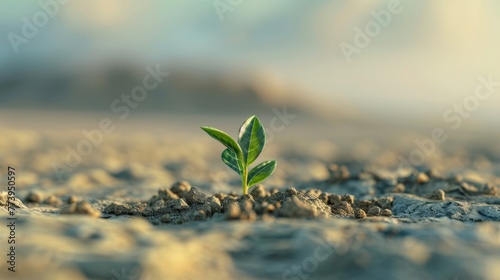 In the vastness of sand, a close-up, cinematic snapshot of a sprouting seed, symbolizing hope and agricultural endurance, in high resolution
