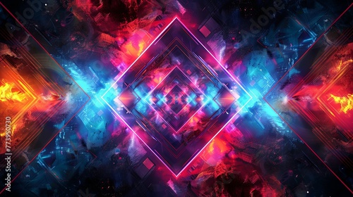 Electric blue and purple neon lights form a complex  symmetrical mandala pattern  evoking a sense of digital spirituality.