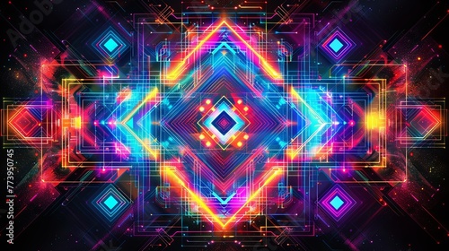 Electric blue and purple neon lights form a complex, symmetrical mandala pattern, evoking a sense of digital spirituality.