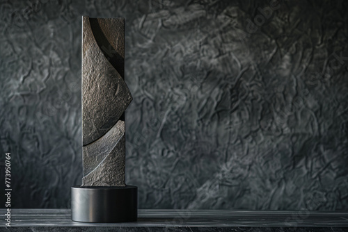 Craft an award trophy with minimalist sophistication, featuring clean lines and subtle textures that exude a sense of understated luxury and prestige against a backdrop of deep, inky blackness photo