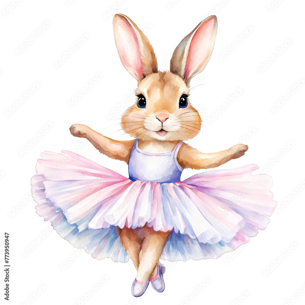 Obraz premium A bunny rabbit wearing tutu and ballet slippers, dancing, watercolor illustration, cute humanoid rabbit, for scrapbook, junk journals, blogging sited, projects, ad promos, hobby, pet, dancer lover