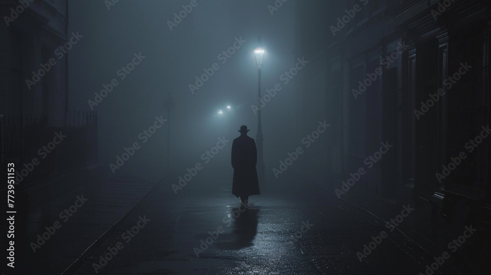 Mysterious Nighttime Stroll A Man in a Hat and Coat, Enjoying the Foggy Evening Generative AI