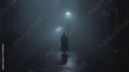 Mysterious Nighttime Stroll A Man in a Hat and Coat, Enjoying the Foggy Evening Generative AI