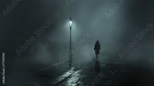 Foggy Night Walk A Woman's Silhouette on a Rainy Street Generative AI