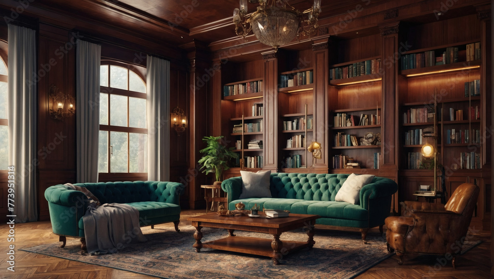Victorian-style library with rich wood paneling. 3D rendering.