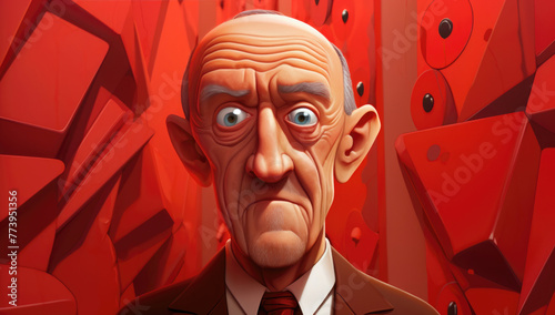 Caricature of an elderly man with a serious expression, set against an abstract red geometric background.