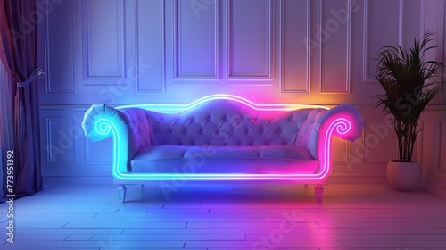 A couch with neon lights on it. The couch is in a room with white walls and a window