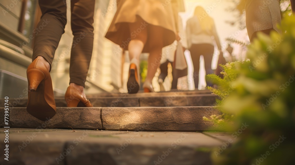 Fototapeta premium Business people climb the stairs of the city stairs. Close-up of the impersonal legs rising up. Career growth and advancement. Increasing and improving skills. Salary increase