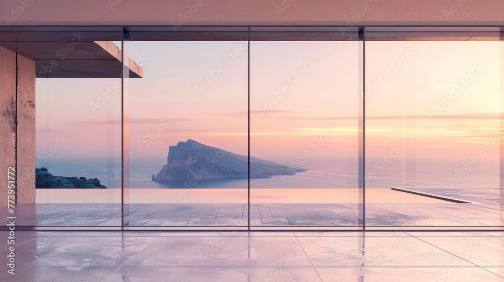 Fototapeta premium A large glass window overlooking a beautiful ocean and a mountain. The sky is a soft pink color, creating a serene and peaceful atmosphere