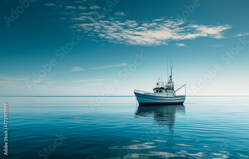 Serene blue seascape with solitary fishing boat under cloud-flecked sky