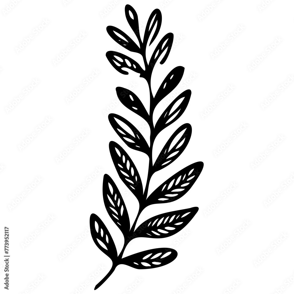Fototapeta premium Hand drawn winter leaves and branches. Floral twig, botanical branch with berry and leaf doodle. Plant leaf feather and fir tree branches element. Isolated vector icons