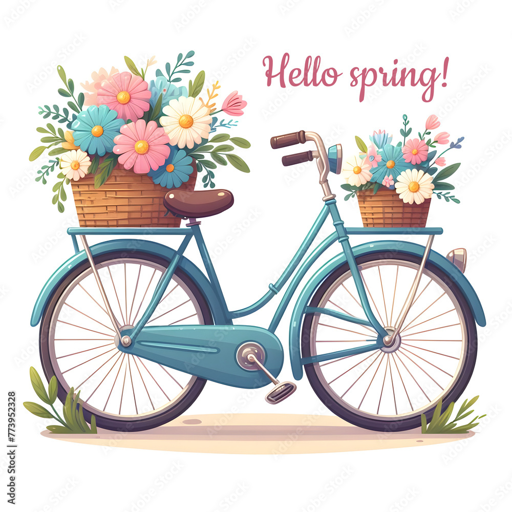 Cute illustration of blue vintage bike with spring flowers in the baskets. 