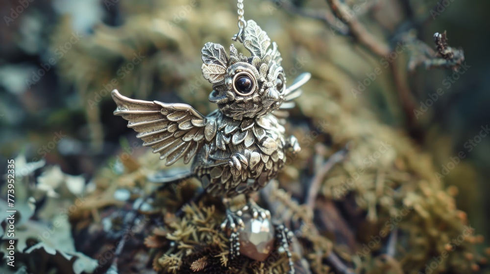 Obraz premium A silver necklace transformed into a whimsical creature its intricate details forming eyes wings and a playful expression The creature sits perched on a delicate finger amidst a magical forest