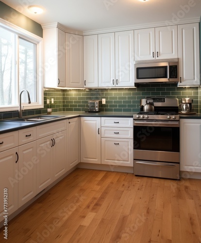 Kitchen With White Cabinets and Green Tile Backsplash