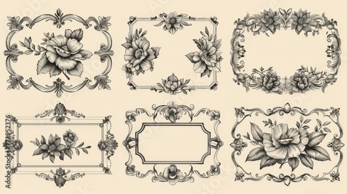 A set of colorful designs in European classic style on an isolated beige background . Illustration