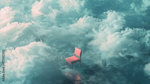 From a drone's eye: A pink chair in water, minimalistic yet moody, surrounded by clouds Anime vibes in pink and turquoise, hyper realistic