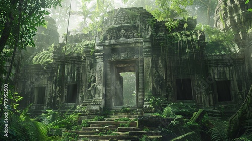 A majestic temple with a waterfall in the background  surrounded by lush greenery and exotic plants  evoking a sense of serenity and spirituality. Generative AI