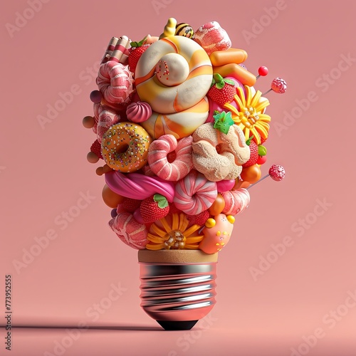 A whimsical design of a lightbulb brimming with an assortment of colorful candies against a gentle pink backdrop, embodying sweet creativity.